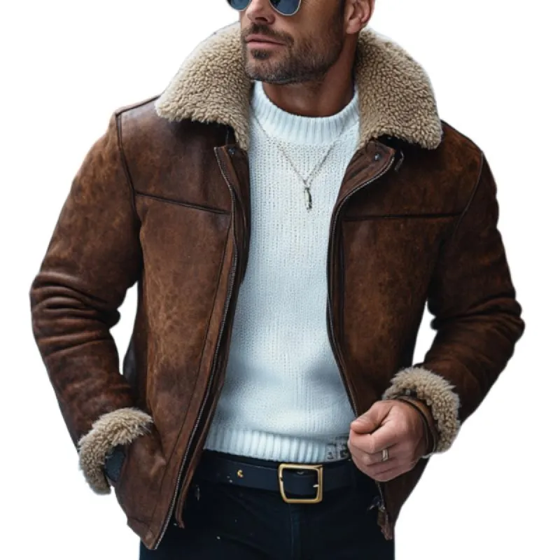Men's Vintage Leather Lambswool Patchwork Warm Lapel Zipper Coat 01455009M sold by Manly