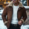 Men's Vintage Leather Lambswool Patchwork Warm Lapel Zipper Coat 01455009M sold by Manly