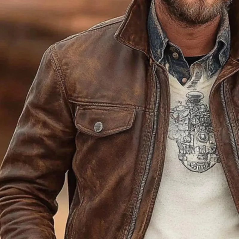 Men's Vintage Stand Collar Zipper Leather Jacket 98026840X sold by Manly product image thumbnail 3