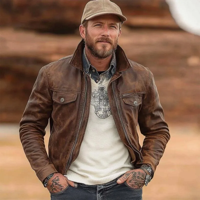 Men's Vintage Stand Collar Zipper Leather Jacket 98026840X sold by Manly product image thumbnail 2