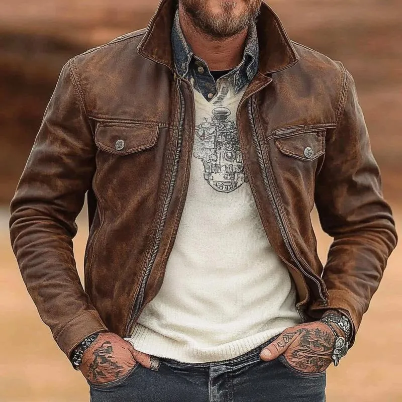 Men's Vintage Stand Collar Zipper Leather Jacket 98026840X sold by Manly product image thumbnail 4