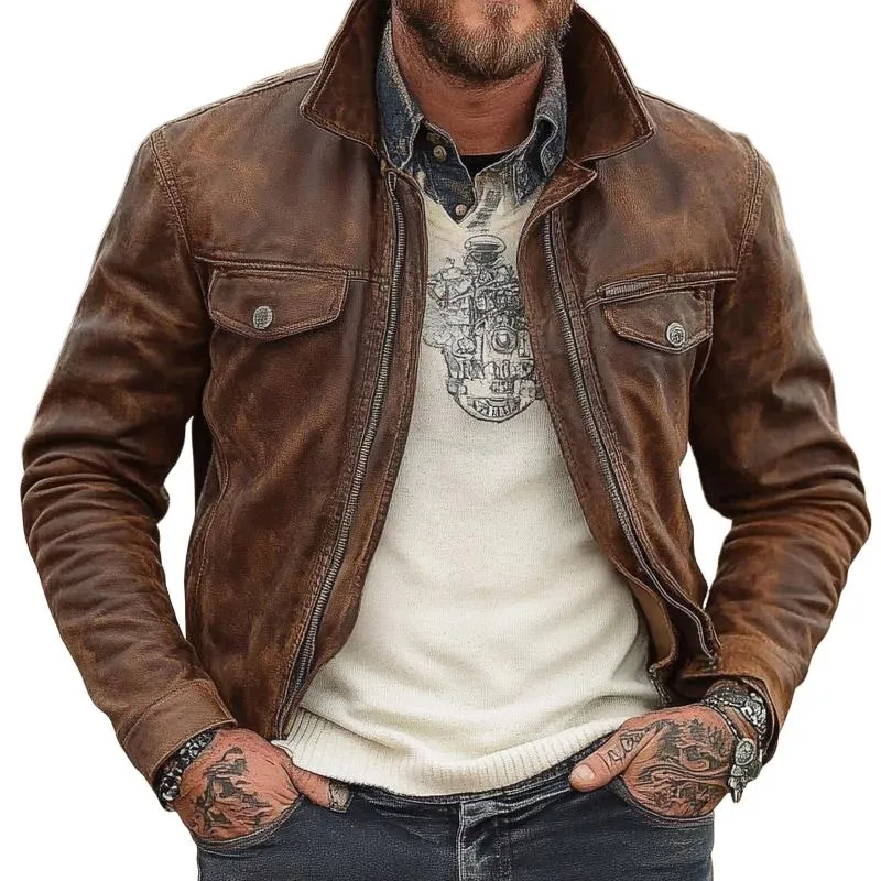 Men's Vintage Stand Collar Zipper Leather Jacket 98026840X sold by Manly