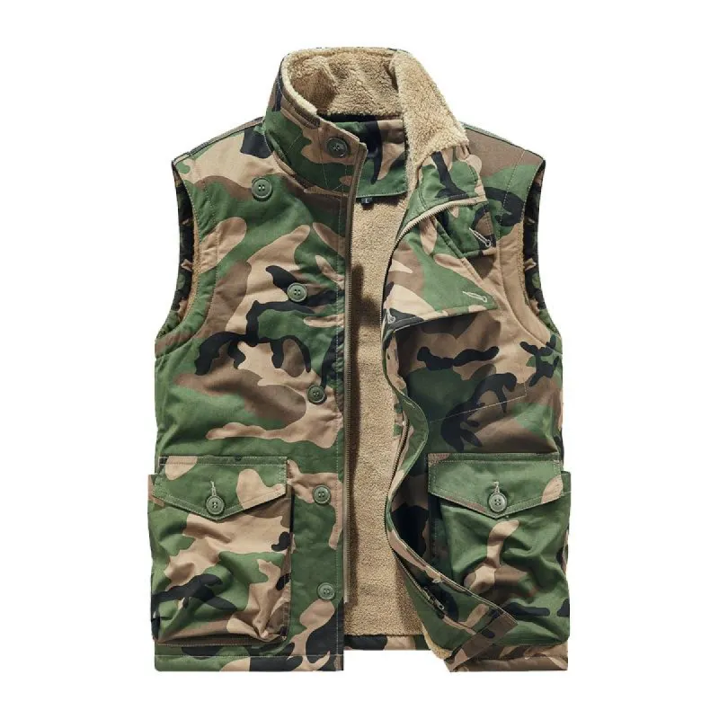 Men's Retro Casual Hunting Camouflage Single Breasted Plus Velvet Vest 87891599TO sold by Manly