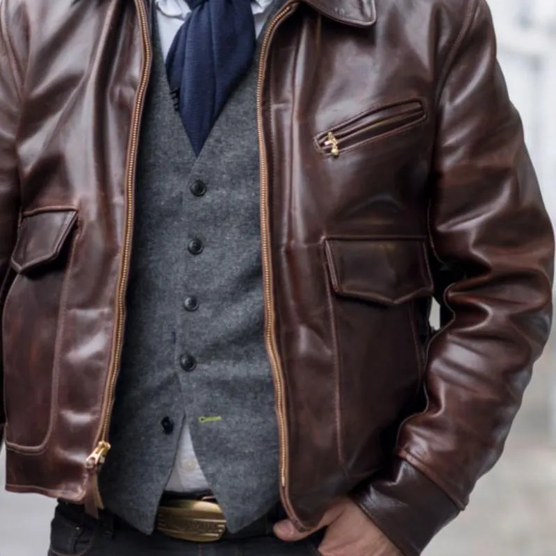 Men's Vintage Multi Pocket Zipper Lapel Leather Jacket 44439284Y sold by Manly product image thumbnail 3