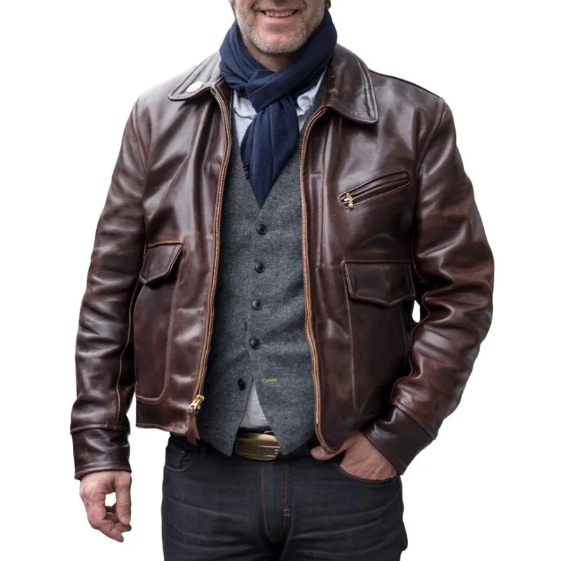 Men's Vintage Multi Pocket Zipper Lapel Leather Jacket 44439284Y sold by Manly
