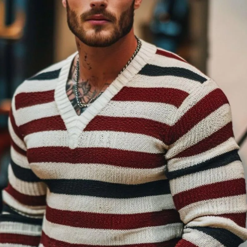 Men's Casual Colorblock Striped Knit V-Neck Slim Fit Sweater 82372153Y sold by Manly product image thumbnail 2