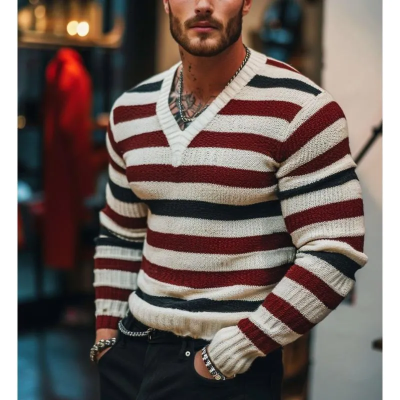 Men's Casual Colorblock Striped Knit V-Neck Slim Fit Sweater 82372153Y sold by Manly product image thumbnail 3