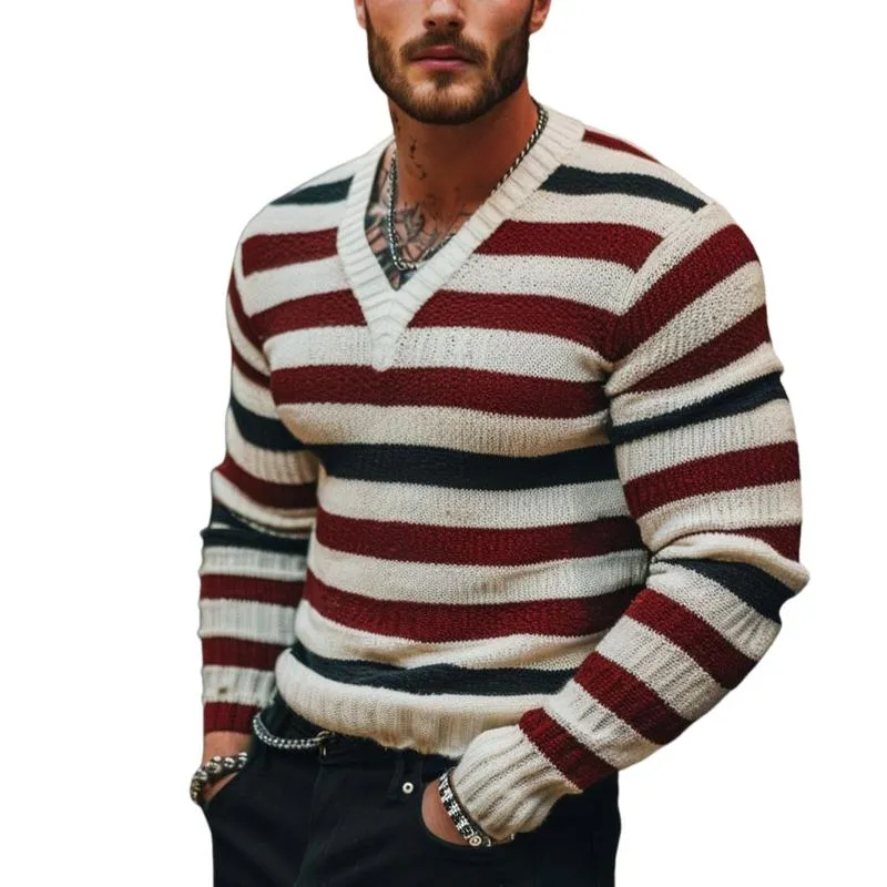 Men's Casual Colorblock Striped Knit V-Neck Slim Fit Sweater 82372153Y sold by Manly