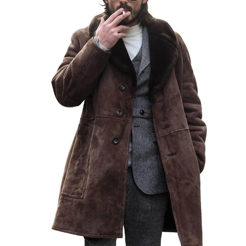 Men's Vintage Suede Stitching Fur Collar Mid-Length Coat 96124930Y sold by Manly