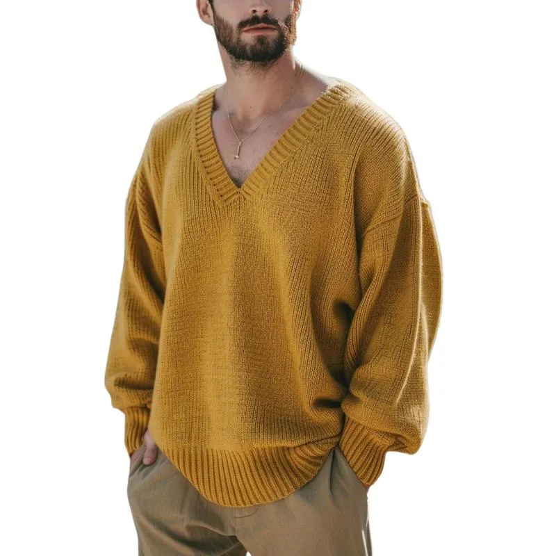 Men's Casual Loose Solid Color Knit V-Neck Sweater 24370912Y sold by Manly
