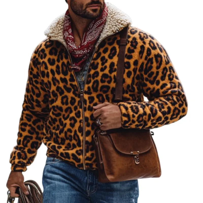 Men's Vintage Leopard Print Plush Lining Warm Zipper Coat 78399809Y sold by Manly