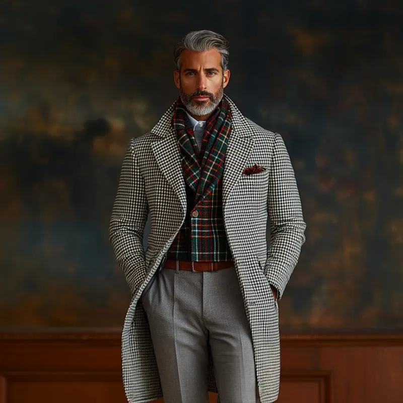 Men's Retro Business Houndstooth Lapel Single Breasted Mid-Length Coat 29590158Y sold by Manly product image thumbnail 3