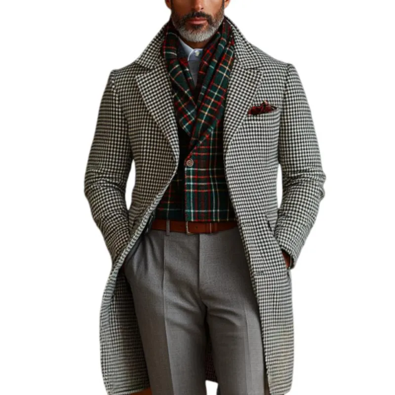 Men's Retro Business Houndstooth Lapel Single Breasted Mid-Length Coat 29590158Y sold by Manly