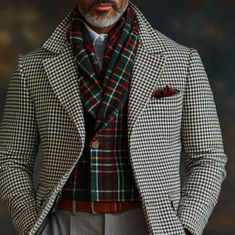 Men's Retro Business Houndstooth Lapel Single Breasted Mid-Length Coat 29590158Y sold by Manly product image thumbnail 2