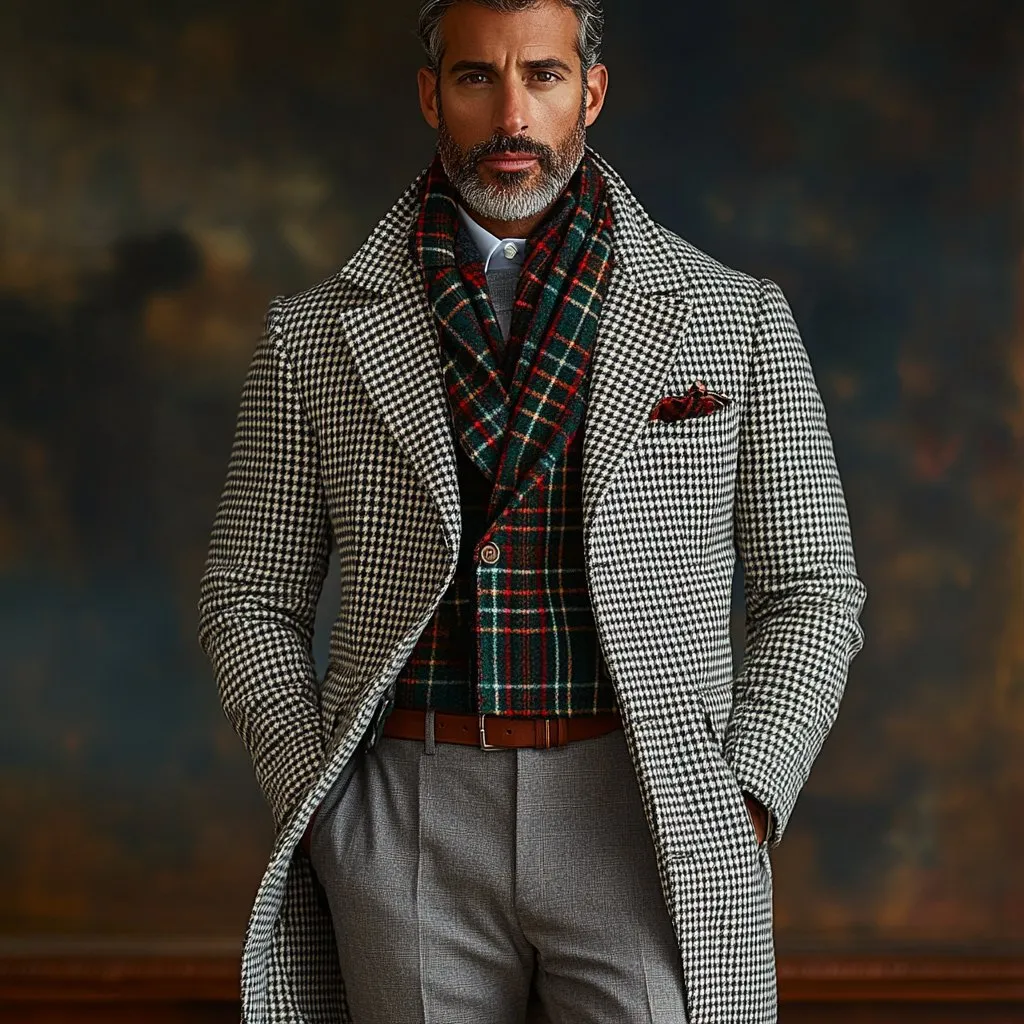 Men's Retro Business Houndstooth Lapel Single Breasted Mid-Length Coat 29590158Y sold by Manly product image thumbnail 4