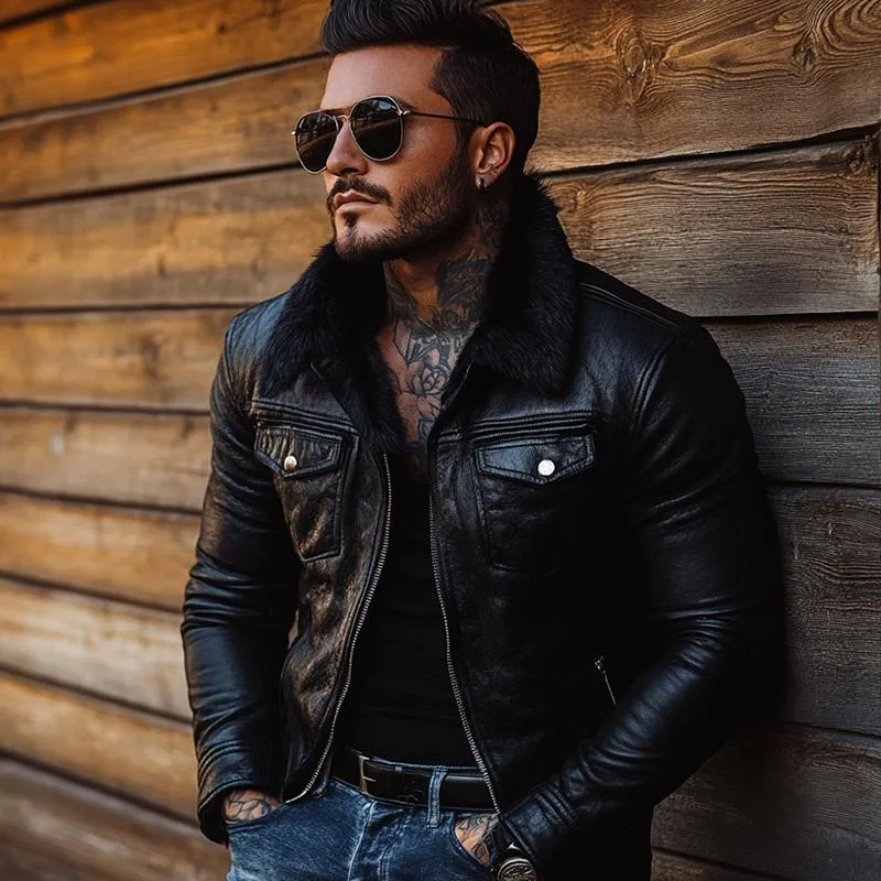 Men's Vintage Fur Collar Leather Jacket 42882749Y sold by Manly product image thumbnail 3