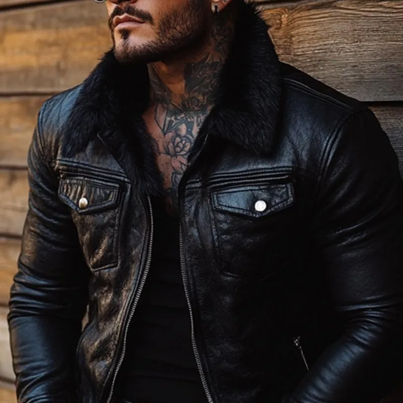 Men's Vintage Fur Collar Leather Jacket 42882749Y sold by Manly product image thumbnail 2