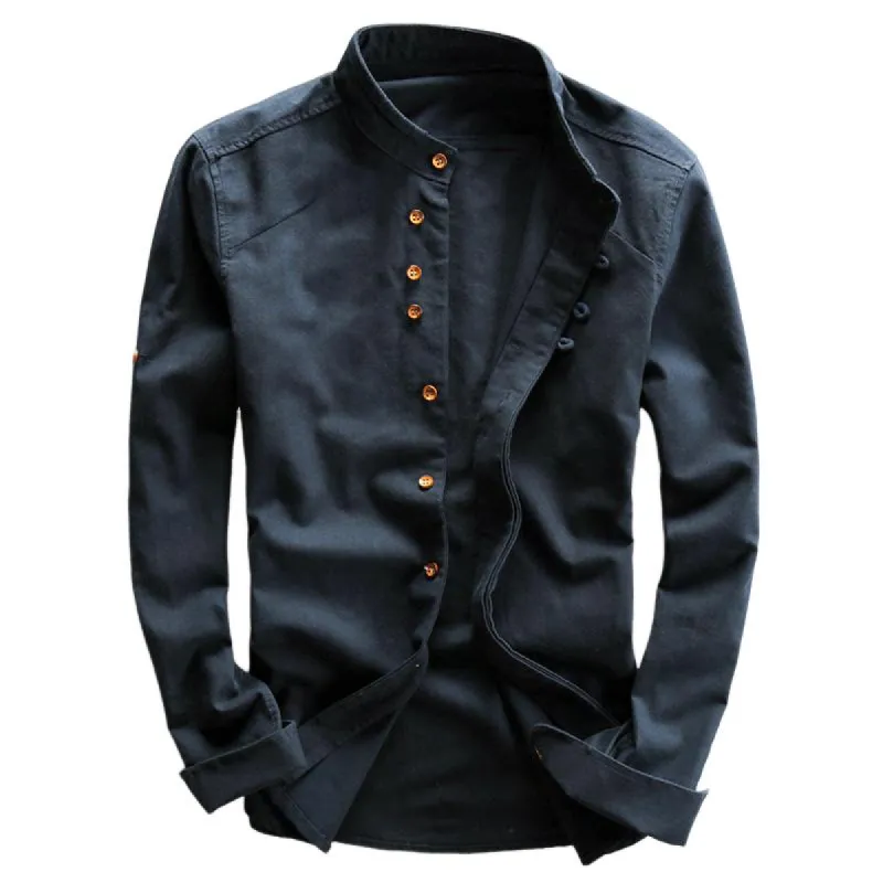 Men's Cotton and Linen Vintage Stand Collar Shirt 77017951U sold by Manly