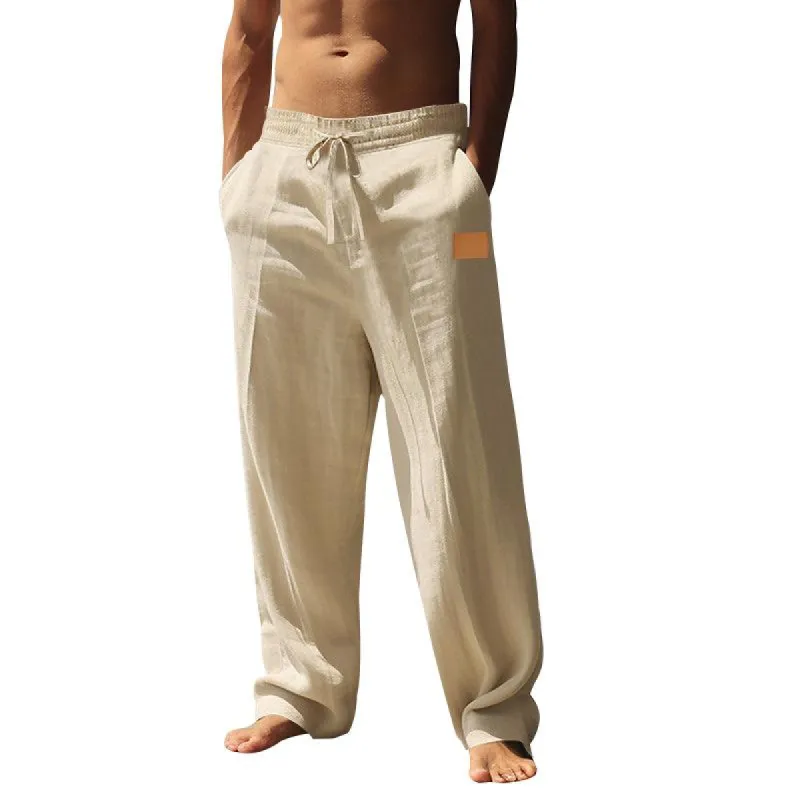 Men's Solid Color Cotton And Linen Elastic Waist Casual Pants 03283799Z sold by Manly