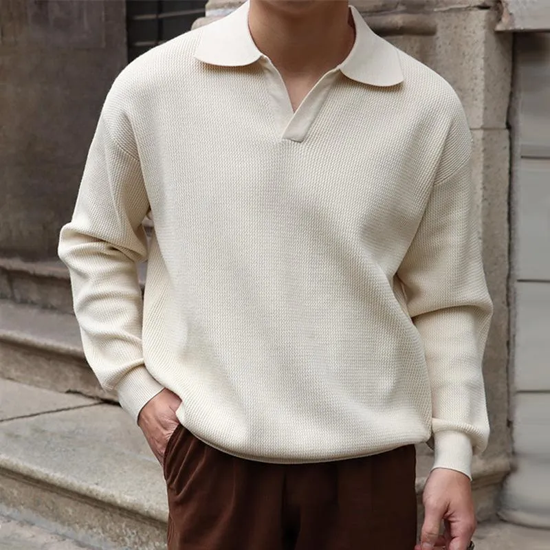 Men's Solid Color Lapel Long Sleeve Knit Polo Shirt 27298095Z sold by Manly product image thumbnail 3