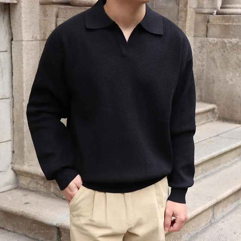 Men's Solid Color Lapel Long Sleeve Knit Polo Shirt 27298095Z sold by Manly product image thumbnail 5