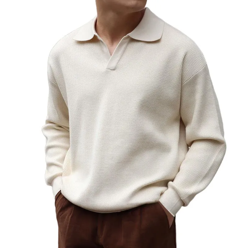 Men's Solid Color Lapel Long Sleeve Knit Polo Shirt 27298095Z sold by Manly