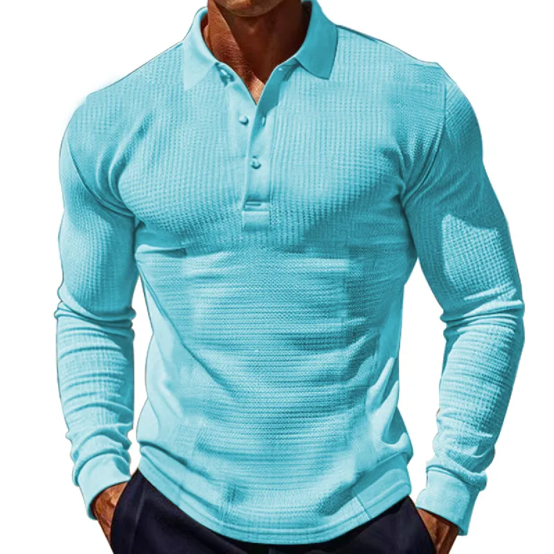 Men's Solid Color Waffle Lapel Long Sleeve Polo Shirt 57631305Z sold by Manly