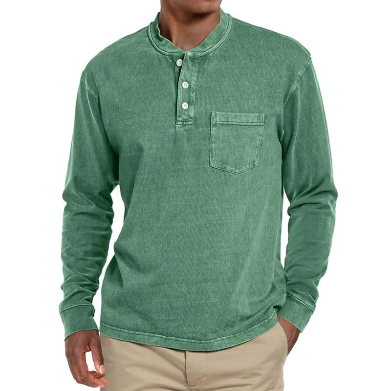 Men's Solid Henley Collar Chest Pocket Long Sleeve T-shirt 22248789Z sold by Manly