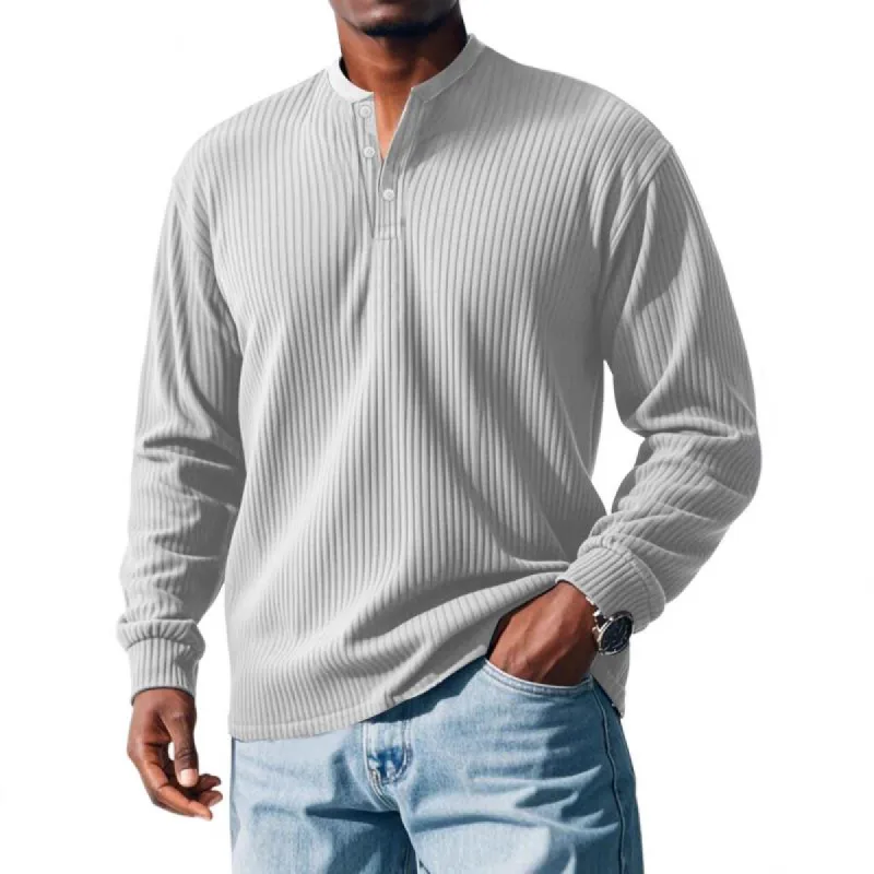 Men's Solid Striped Henley Collar Long Sleeve T-shirt 37380023Z sold by Manly