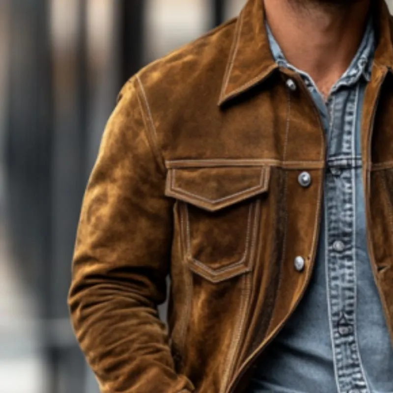 Men's Vintage Classic Western Denim Multi-Pocket Lapel Slim Suede Jacket 59255550K sold by Manly product image thumbnail 3