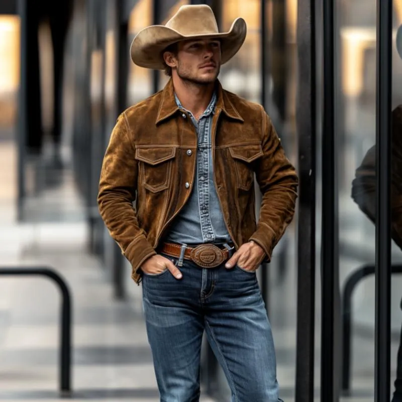 Men's Vintage Classic Western Denim Multi-Pocket Lapel Slim Suede Jacket 59255550K sold by Manly product image thumbnail 2