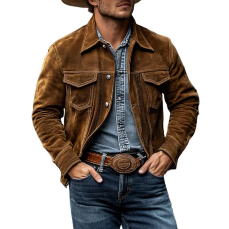 Men's Vintage Classic Western Denim Multi-Pocket Lapel Slim Suede Jacket 59255550K sold by Manly