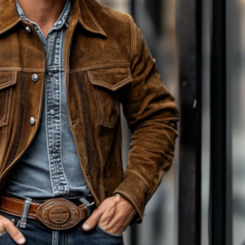 Men's Vintage Classic Western Denim Multi-Pocket Lapel Slim Suede Jacket 59255550K sold by Manly product image thumbnail 4