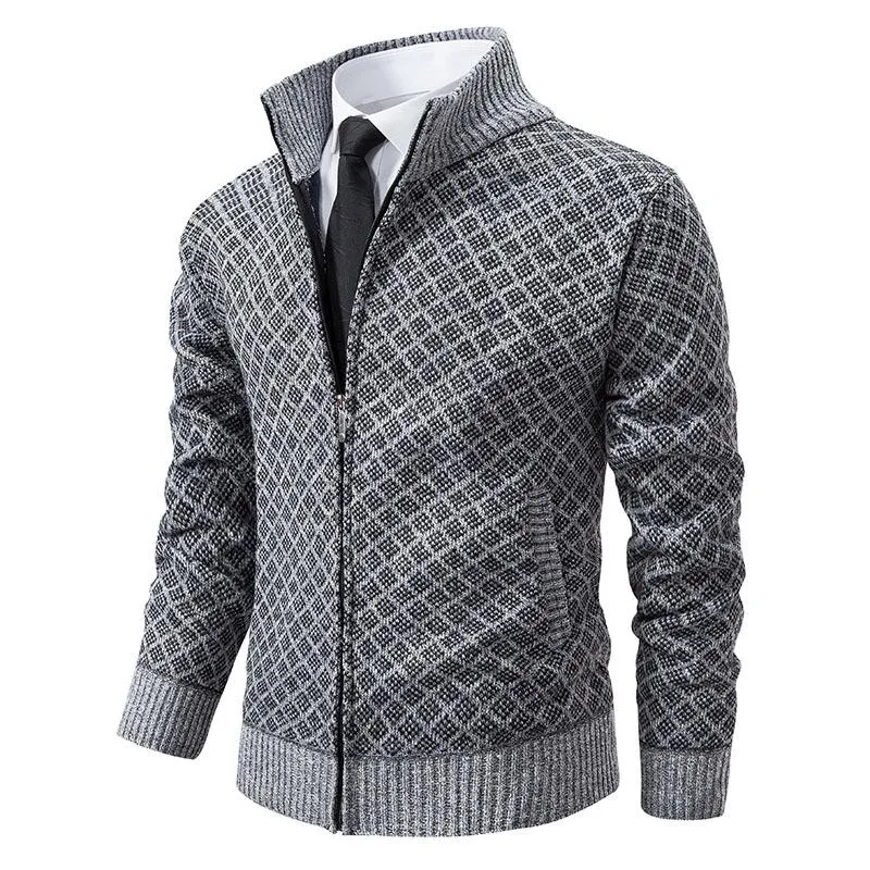 Men's Stand Collar Slim Fit Plaid Knit Cardigan 93275496F sold by Manly product image thumbnail 5