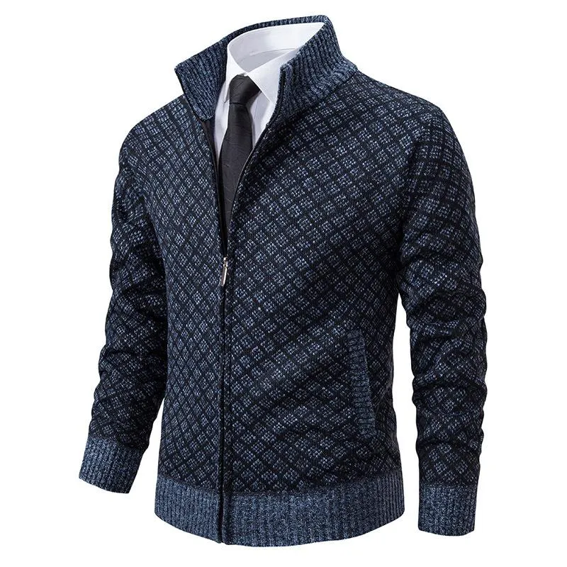 Men's Stand Collar Slim Fit Plaid Knit Cardigan 93275496F sold by Manly product image thumbnail 2