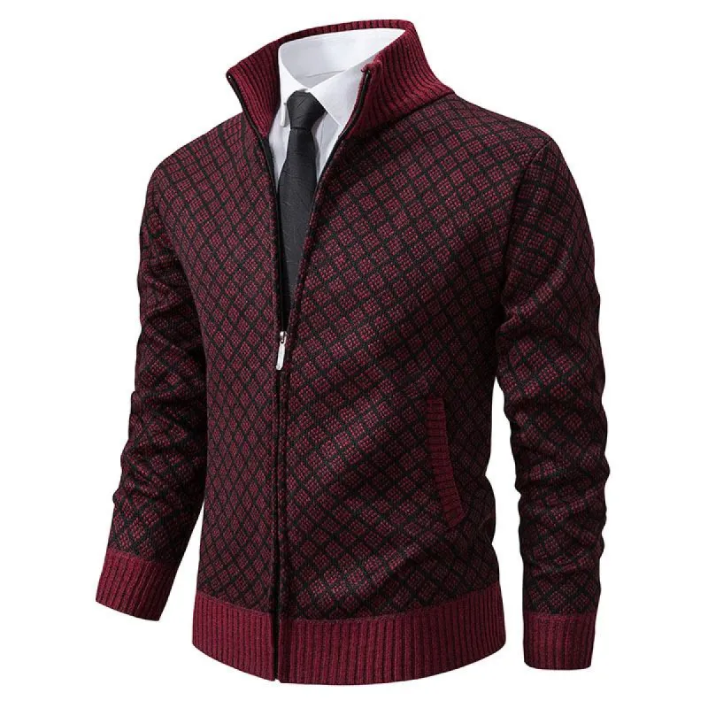 Men's Stand Collar Slim Fit Plaid Knit Cardigan 93275496F sold by Manly