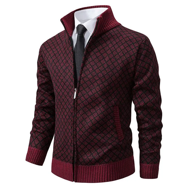 Men's Stand Collar Slim Fit Plaid Knit Cardigan 93275496F sold by Manly