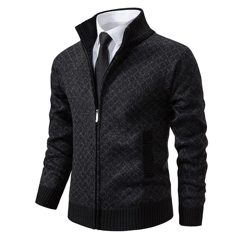 Men's Stand Collar Slim Fit Plaid Knit Cardigan 93275496F sold by Manly product image thumbnail 3