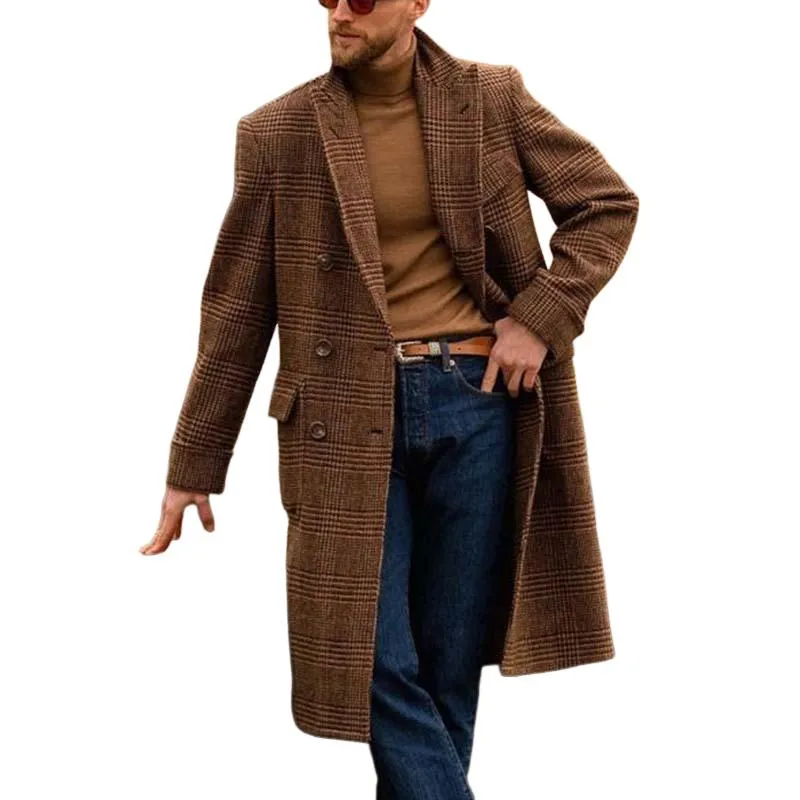 Men's Classic Casual Multi-Pocket Knee-Length Houndstooth Double-Breasted Coat 15602702K sold by Manly