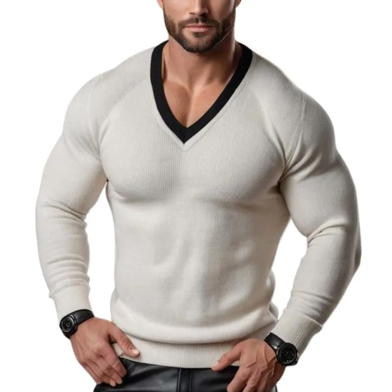 Men's Classic Comfortable Slim Fit Patchwork Color V-neck Long-sleeved Sweater 04369604K sold by Manly