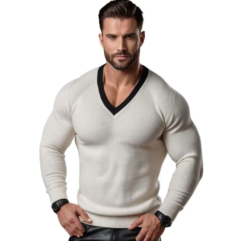 Men's Classic Comfortable Slim Fit Patchwork Color V-neck Long-sleeved Sweater 04369604K sold by Manly product image thumbnail 2
