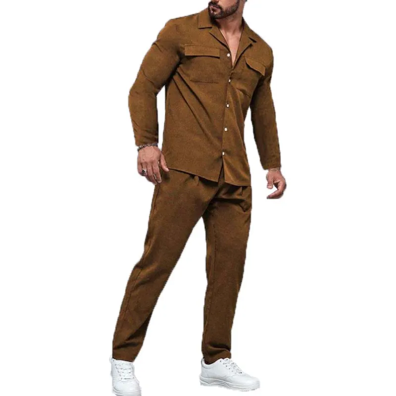 Men's Classic Casual Slim Fit Multi-Pocket Long Sleeve Shirt Elastic Waist Casual Pants Suede Set 00630283K made by Manly