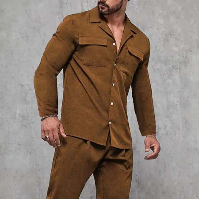 Men's Classic Casual Slim Fit Multi-Pocket Long Sleeve Shirt Elastic Waist Casual Pants Suede Set 00630283K sold by Manly product image thumbnail 2