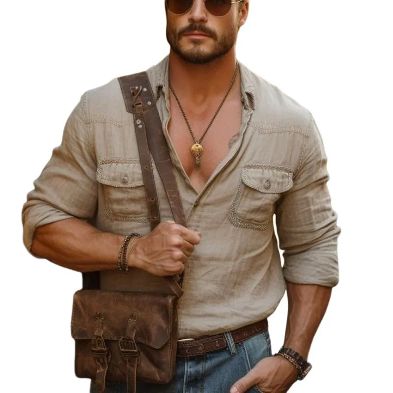Men's Retro Classic Casual Multi-Pocket Cotton and Linen Shirt 42079625K sold by Manly