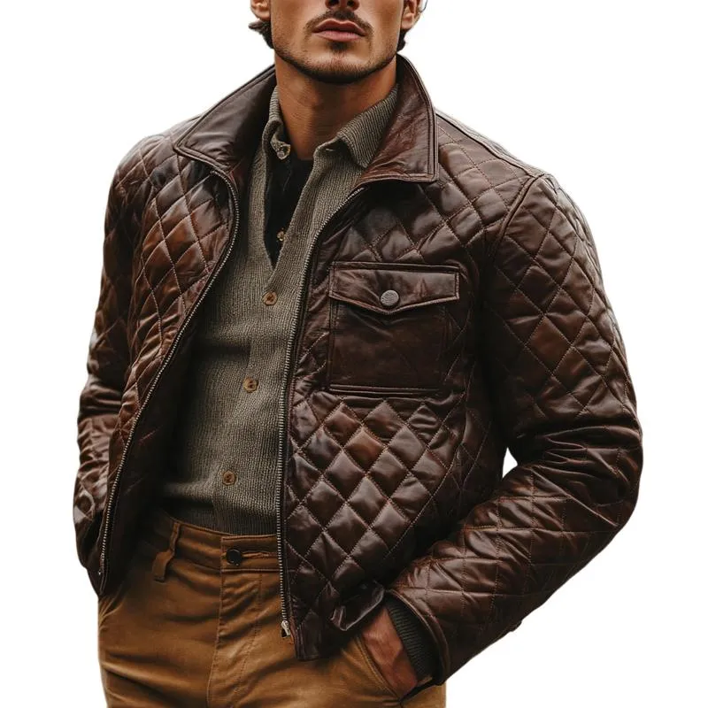 Men's Vintage Stand Collar Quilted Leather Jacket 45082848F sold by Manly