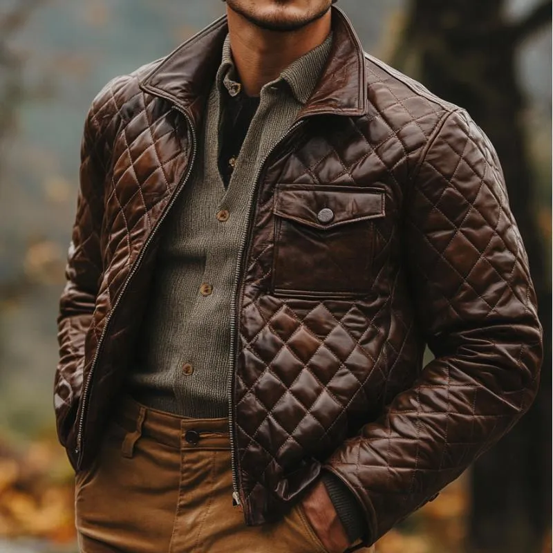 Men's Vintage Stand Collar Quilted Leather Jacket 45082848F sold by Manly product image thumbnail 2