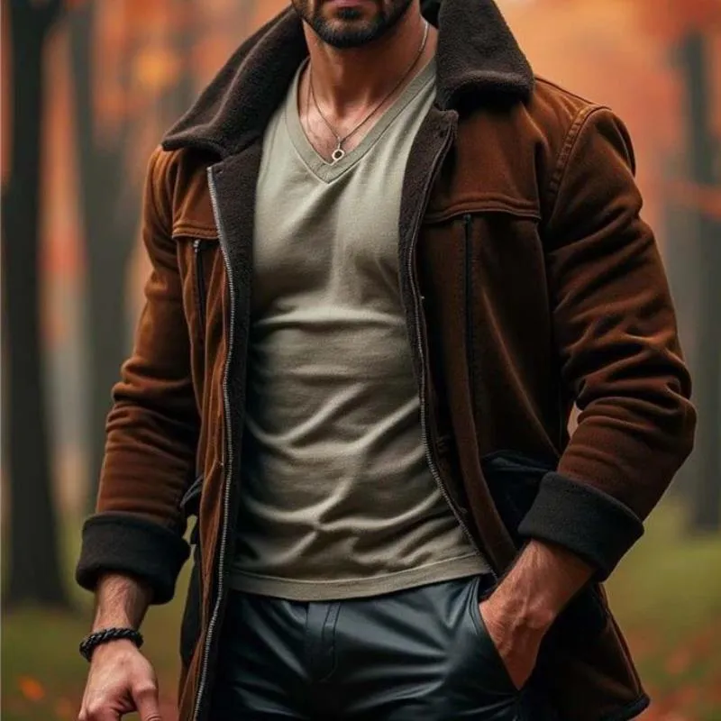 Men's Classic Vintage Casual Zipper Lambswool Collar Suede Jacket 71147925K sold by Manly product image thumbnail 2