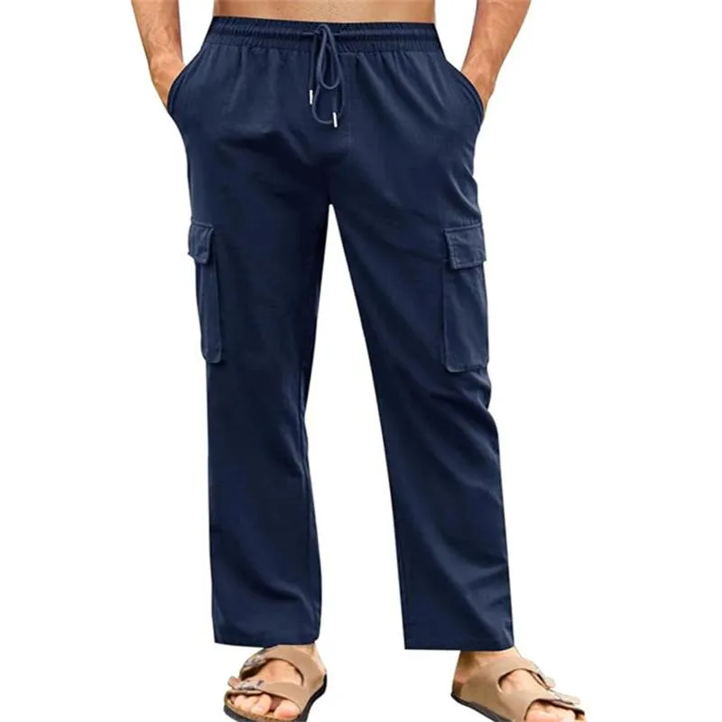 Men's Solid Color Cotton And Linen Straight Multi-pocket Casual Pants 16534865Z sold by Manly