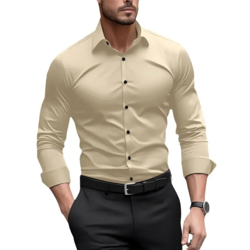 Men's Solid Color Slim Lapel Long Sleeve Business Shirt 22789831Z sold by Manly