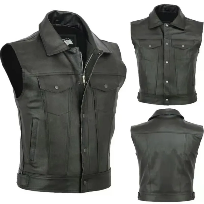 Men's Solid Color Zipper Faux Leather Lapel Vest 07099993U sold by Manly product image thumbnail 3